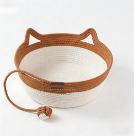 2-in-1 Cotton Rope Cat Bed with Hanging Interactive Toy, Cozy Round Cat Nest for Indoor Cats, Washable Pet Bed with Handles (Color: Brown)